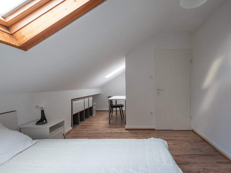 Furnished room for rent in Luxembourg. The room includes a double bed, bedside table, wardrobe, desk and mirror.