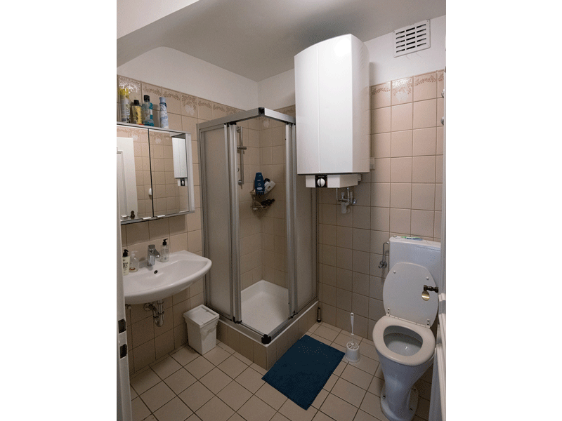 Luxembourg roommate house bathroom interior with a shower cabin, toilet, sink, mirror and a boiler