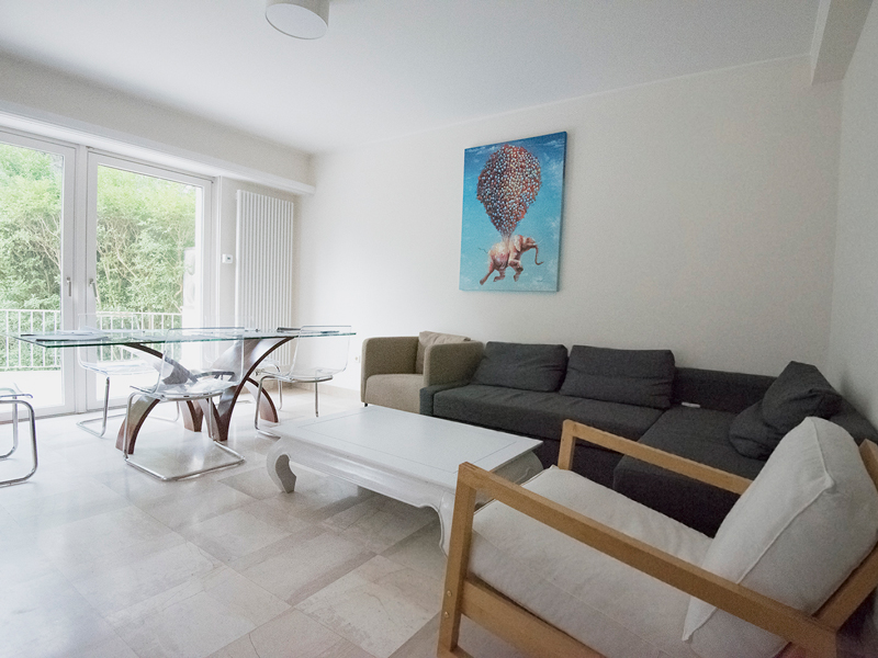 Luxembourg shared house living room with a sofa, chairs, dining table and a coffee table