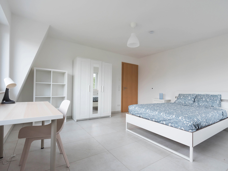 Rent a Room in Luxembourg. The room includes a double bed, desk, chair, wardrobe, chest of drawers, shelf.