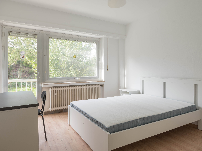 furnished room rent Luxembourg, includes double bed, bedside table, desk, access to a balcony