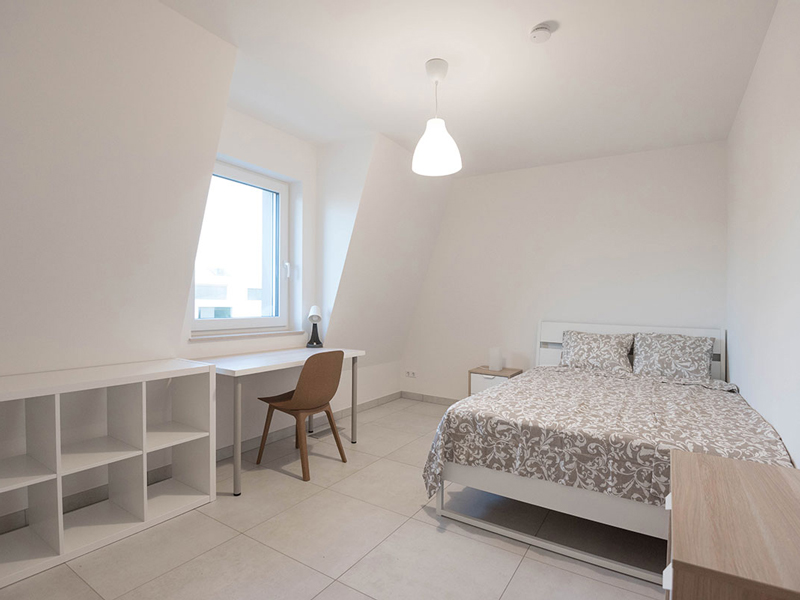 Furnished room Luxembourg. It has a double bed, bedside table, chest of drawers, shelf, desk, chair and wardrobe