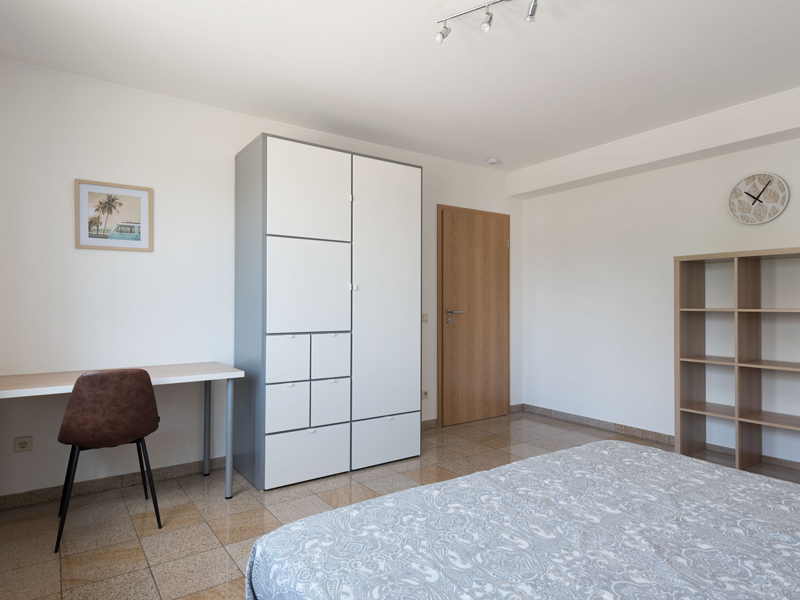 Furnished Room for Rent in Luxembourg. The room includes a double bed, bedside table, desk, chair, wardrobe, shelf.