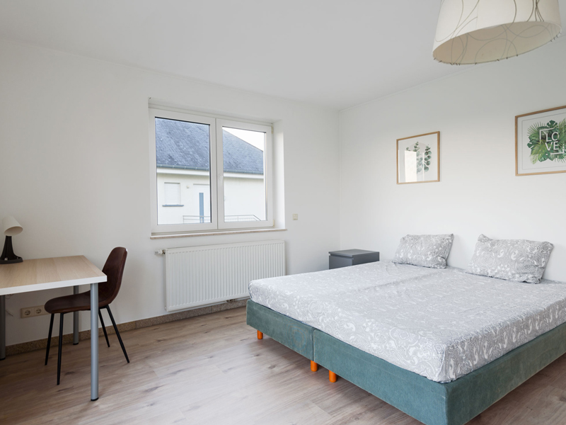 Furnished Room Luxembourg City. The room includes a double bed, bedside table, desk, chair, wardrobe, mirror and a shelf.