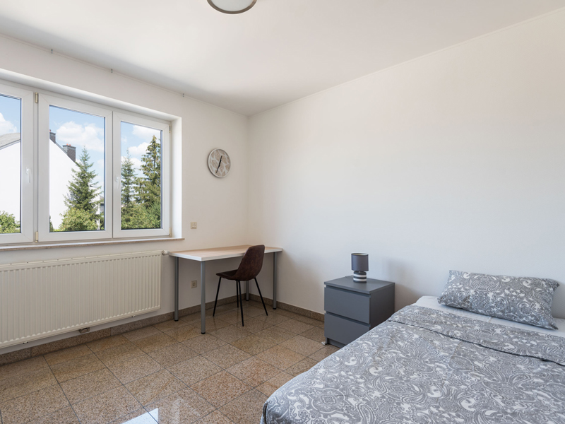 Furnished Room for Rent in Luxembourg. The room includes a single bed, bedside table, desk, chair, wardrobe, mirror.